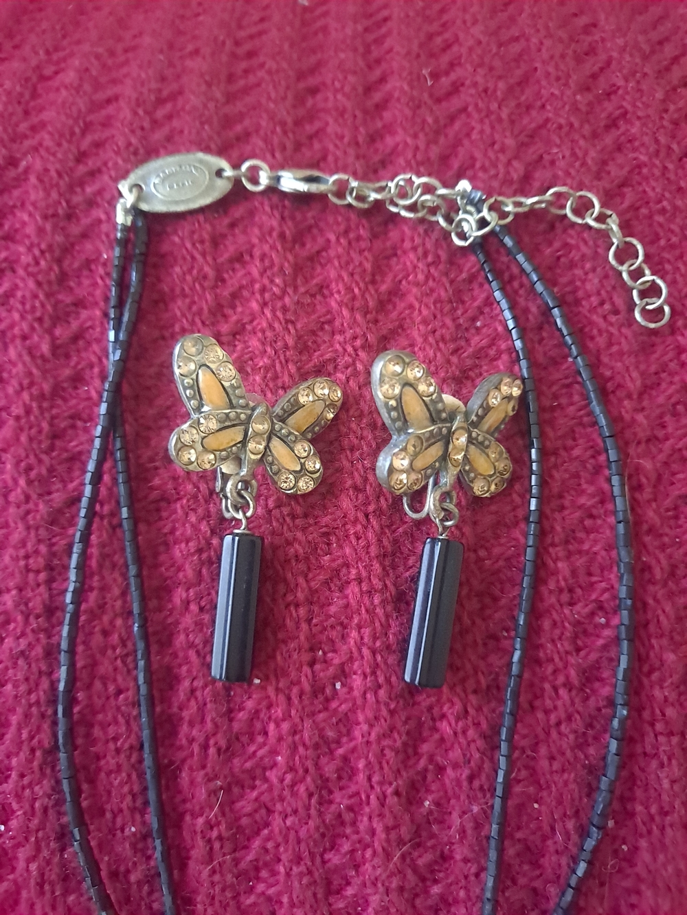 Babylon Paris Gold Butterfly Necklace & Drop Earrings with Black Bead Dangles